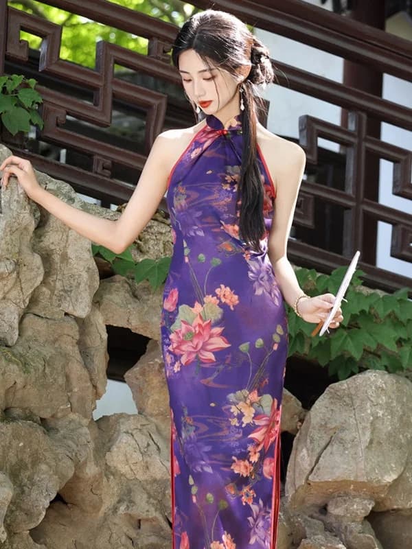 Purple Neck Hanging Long Version Sleeveless Improved Young Style Daily High End Slimming New Chinese Style Dress