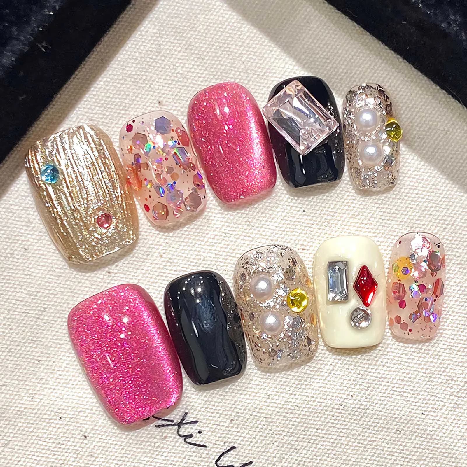 Handmade Press on Nails Glitter Pink Sequins Cat Eyes Glossy Fake Nails Full Cover Short Square Shiny Crystal Design False Nails