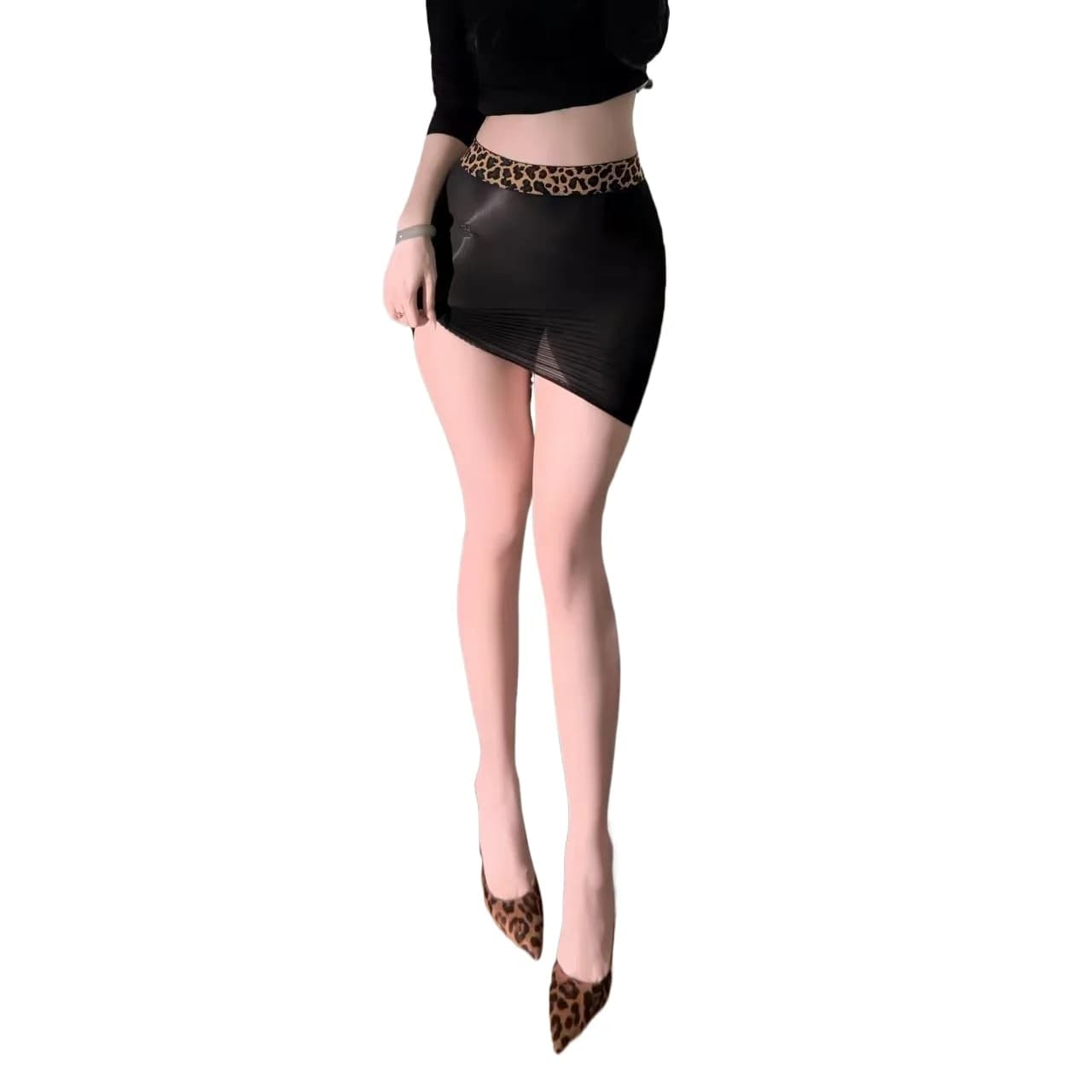 Sexy Tight Short Skirt, See Through Silky Smooth and Shiny Leopard Print Horse Oil Wrap Skirt Passionate and Sexy Lingerie