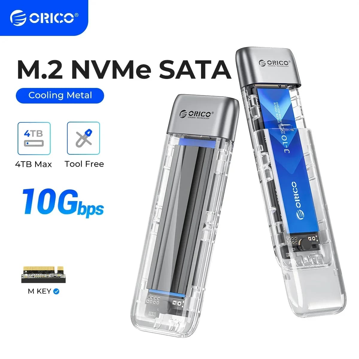 Custodia SSD ORICO M.2 NVME Custodia SSD SATA Strumento gratuito 10 Gbps da M.2 a USB Tipo C Adattatore esterno trasparente portatile
