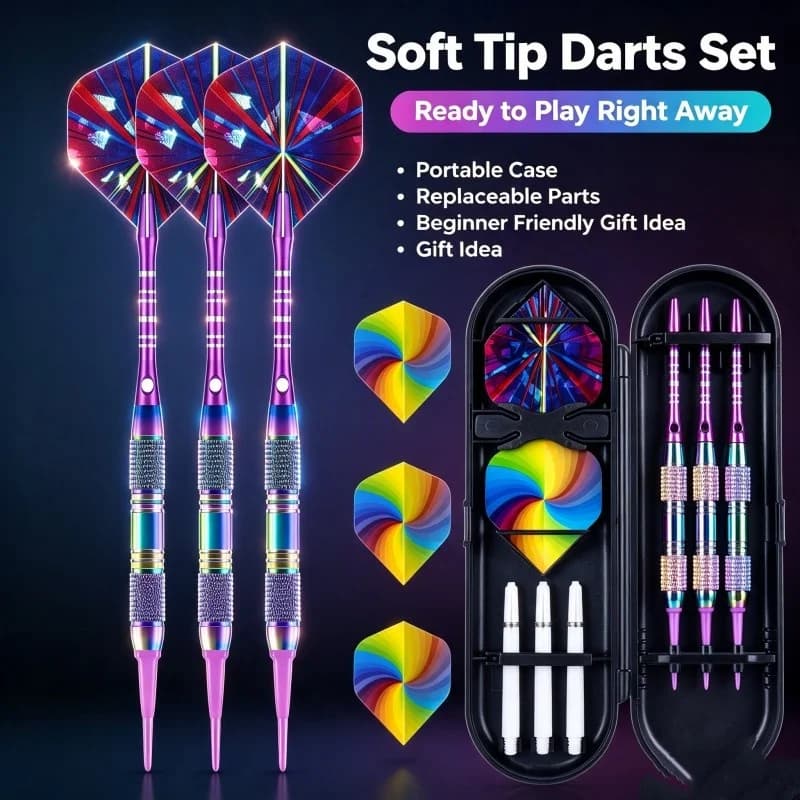 Color Plated Soft Tip Darts Kit, Replacement Flights Shafts Rubber Rings Hard Protective Box for Beginner & Daily Training