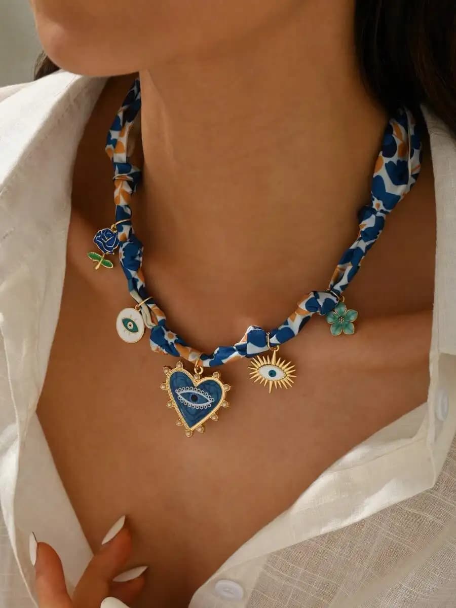 1pc Floral Eye Decor Vacation Scarf Necklace, Blue Women's Necklace, Gift For Mom, Gift For Her