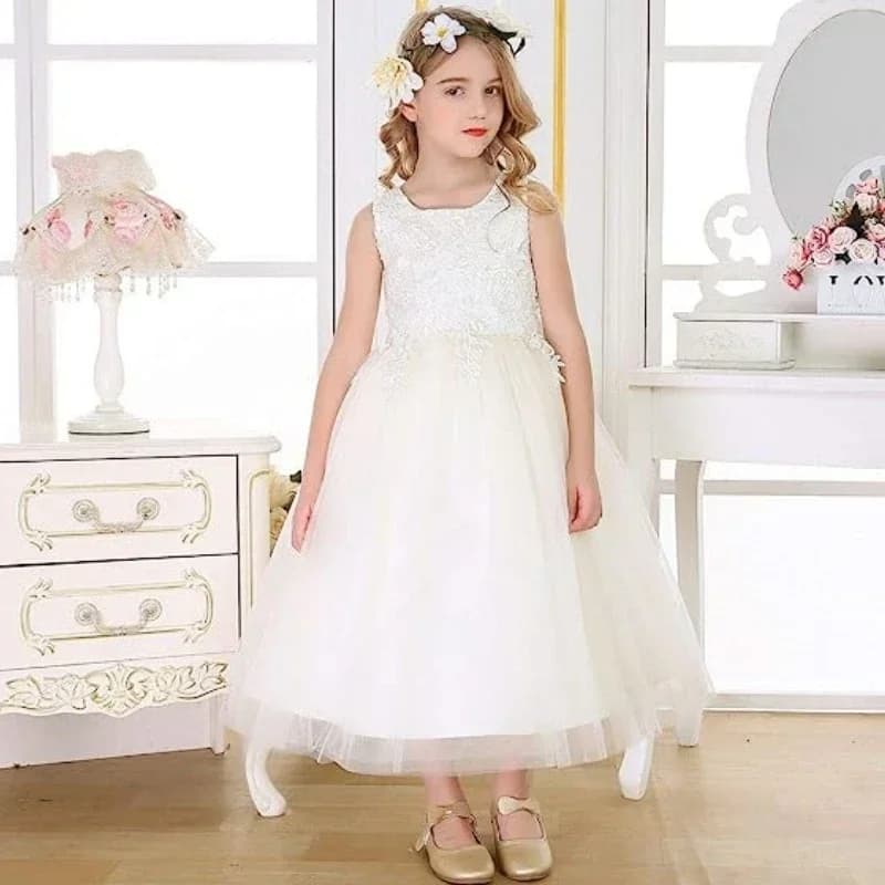 Abiti da ragazza di fiori Applique gonfie in tulle avorio con grande fiocco senza maniche per abiti da prima comunione per banchetti di compleanno di nozze