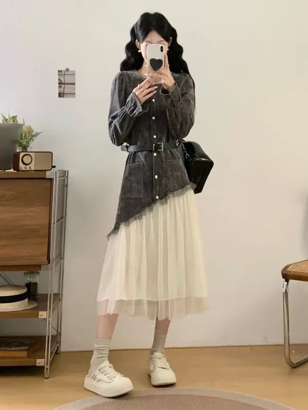 Slimming Long Sleeve Dress Women's plus Size Spring Season A-Line Skirt Style Sequin Splicing Long Dress Luxury Casual Fashion