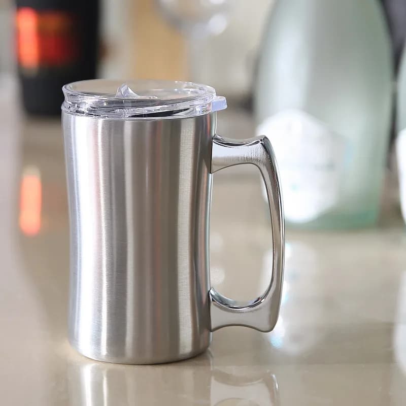 Tazze isolate in acciaio inossidabile con coperchio, birra a doppia parete Stein, bicchiere con manico, boccale di birra isolato