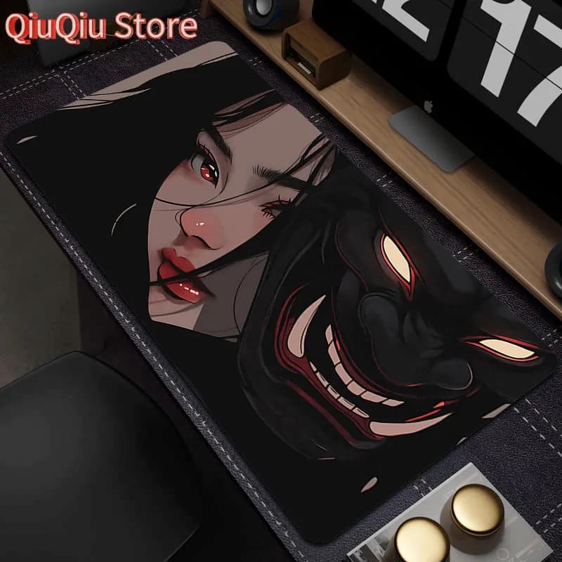 Gamer Mouse Pad Oni Devil Mask Rubber Mouse Mat Anime Girls Large Gaming Mousepad Game HD Print Keyboard Pad Non-Slip Desk Mat