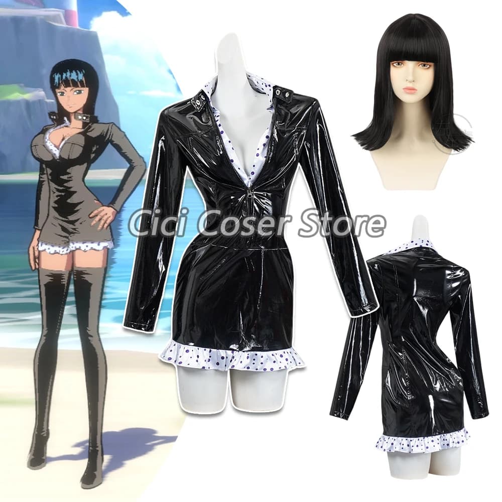 Anime Miss All Sunday Nico Robin Cosplay Costume Sexy Deep V Black Leather Dress Long Sleeves For Women Halloween Party Outfits