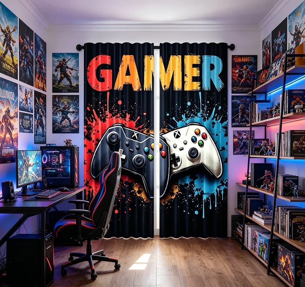 2PCS Digital Printed Curtains, Black White Game Controller Gamer Room, Rod Pocket Window Drapes for Living Room Bedroom Decor