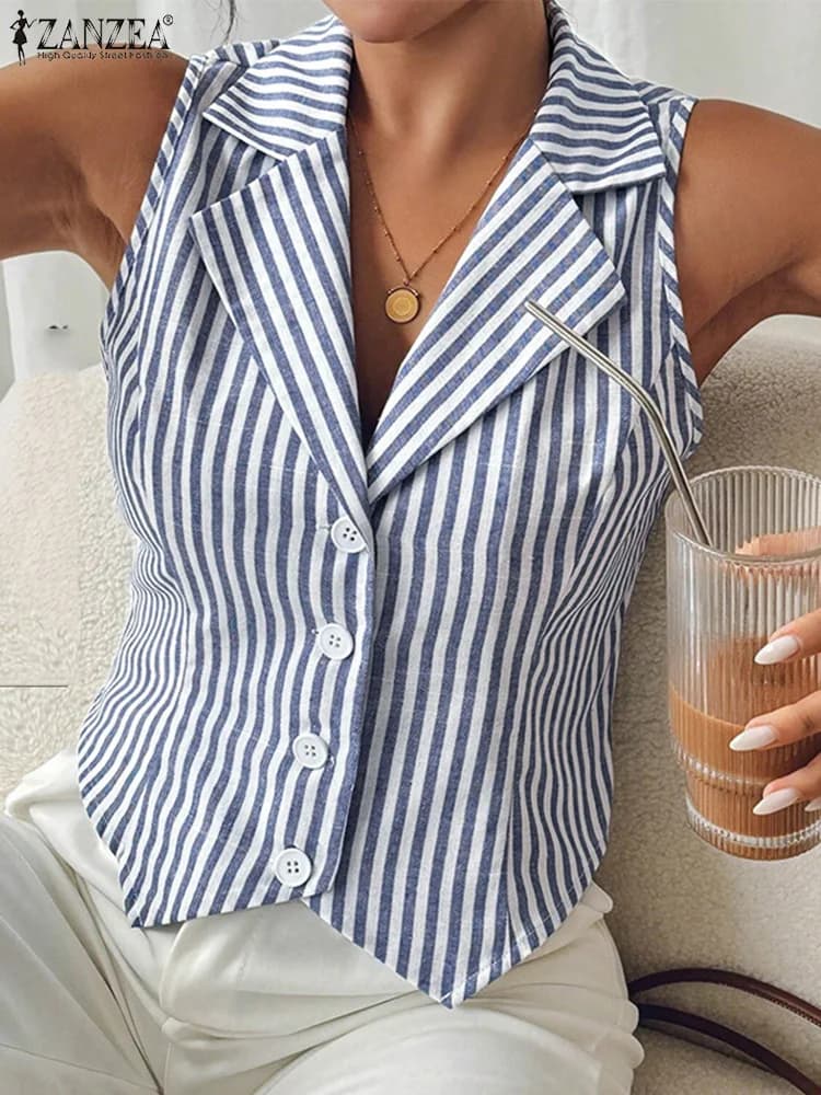 Donne alla moda Canotte Top 2025 ZANZEA Estate senza maniche Stripe Holiday Camicetta Irregolare Camis Risvolto Collo Lavoro OL Camicia Streetwear