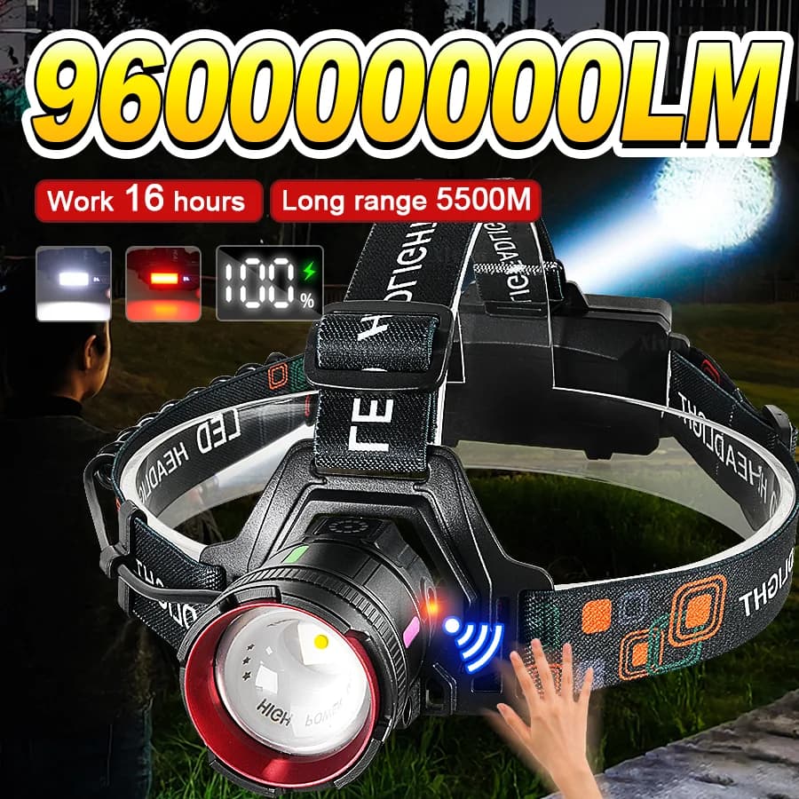 Torcia Frontale a LED Ultra Potente da 960000000LM con Sensore, Ricaricabile, Impermeabile per Esterni, Luce da Lavoro di Emergenza