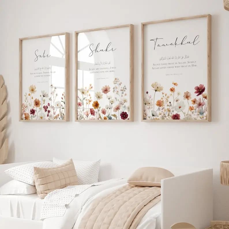 3pcs/set Flowers Plants Islamic Qur'an Verses Canvas Print Muslim Arabic Calligraphy Wall Art Poster for Eid Al-Fitr Home Decor