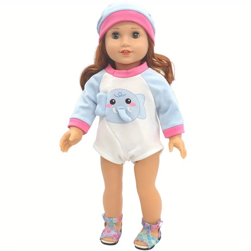 Set di cappello e tutina con stampa elefante per bambole da 18 pollici, grazioso outfit in poliestere, accessorio per abbigliamento per bambole, bambola e scarpe non incluse