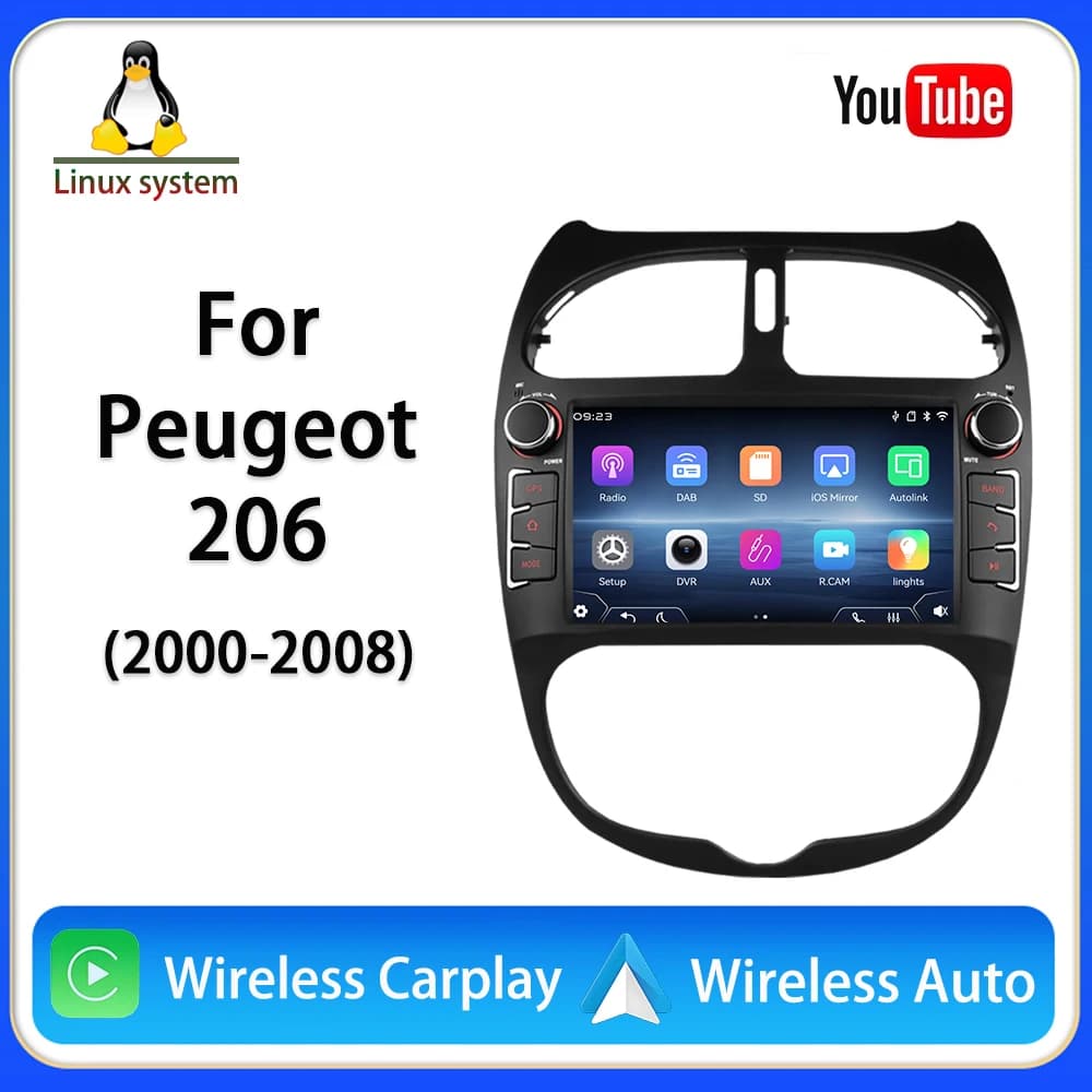 For Peugeot 206 7-inch car player Linux System Carplay Wireless Android Auto Wired USB Radio Bluetooth5.1 FM MirrorLink