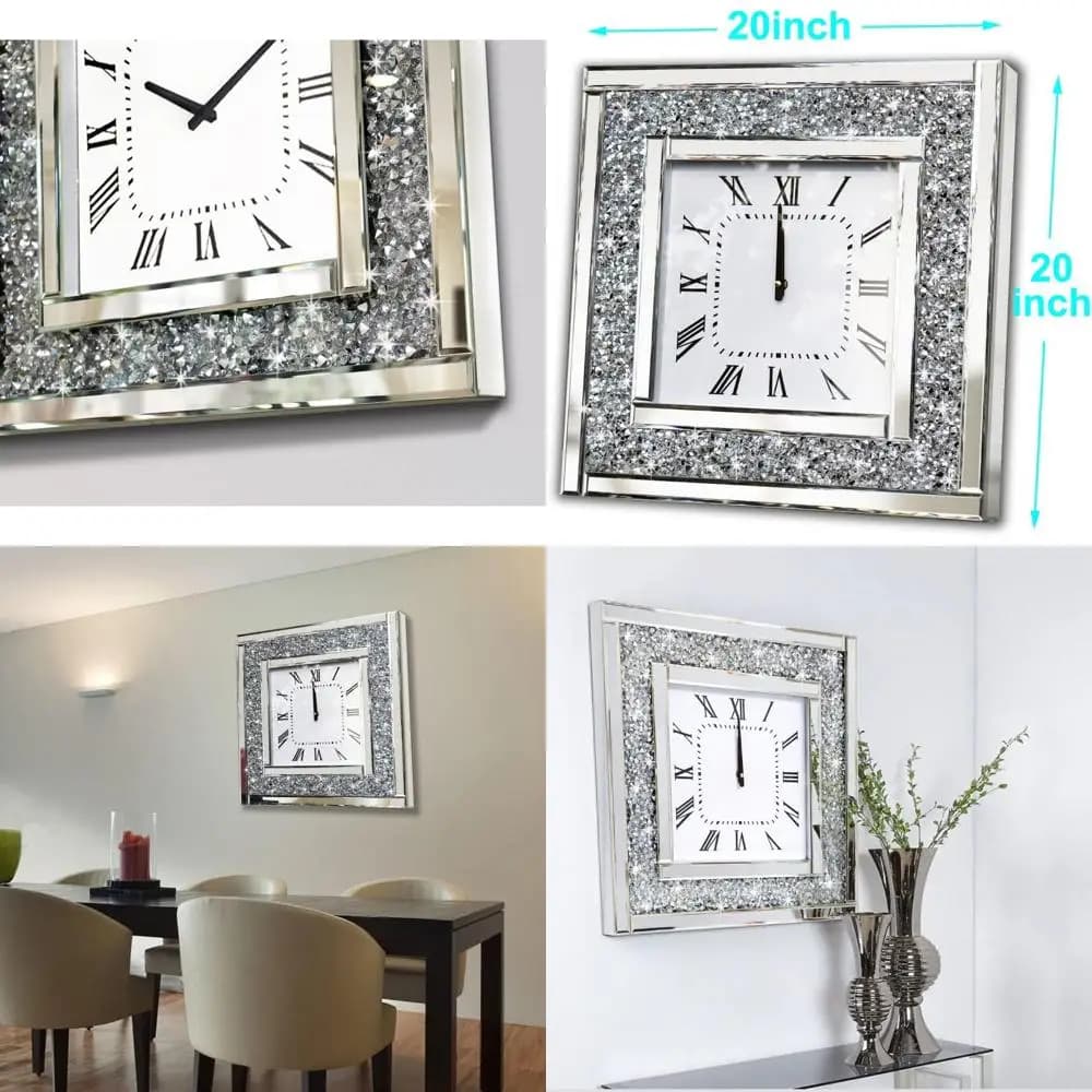 Orologio da Parete Grande con Cristalli Glitterati 20x20 Pollici, Orologio Decorativo a Specchio Argento, Batteria Non Inclusa