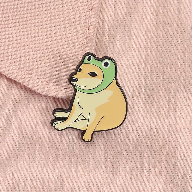 Funny Cheems Dog Wearing Frog Hat Enamel Pin Cartoon Shiba Inu Animal Brooch Lapel Badge Fashion Jewelry Gift for Kids Friends