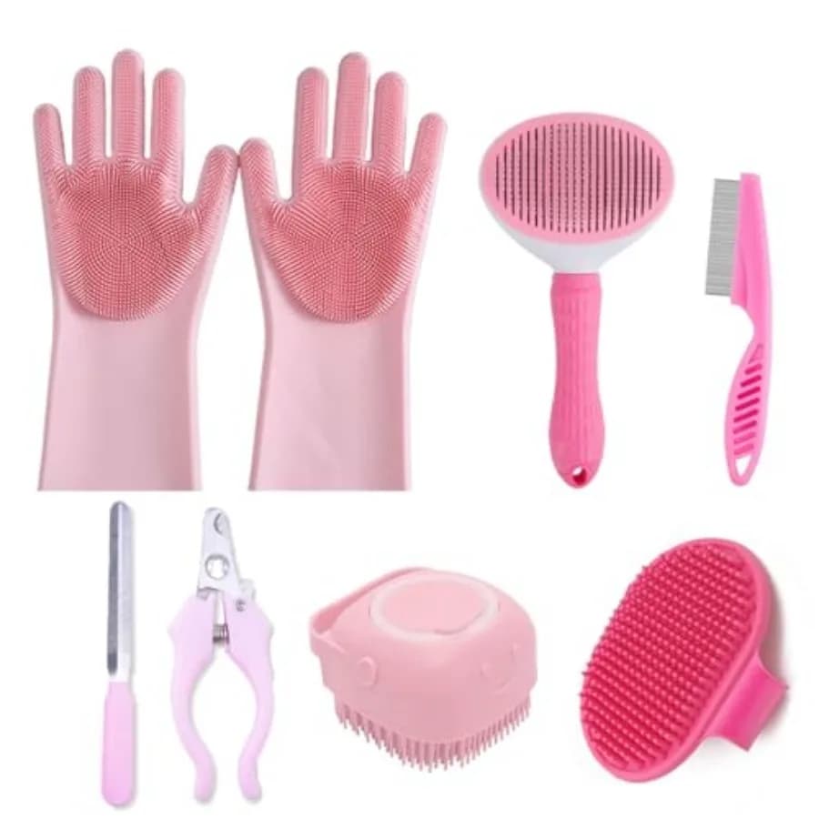 Set da 8 Pezzi per il Bagno del Cane: Guanti per il Lavaggio, Spazzola per Shampoo, Spazzola per la Rimozione del Pelo, Kit Completo per la Toelettatura di Cani, Gatti e Animali di Piccola Taglia
