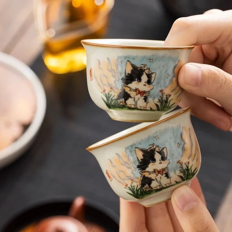 Ru Kiln Cat Round Tripod Tea Cup, Lovely Pet Shaped Master Cup, Crackle Glaze Self-Cultivating, Premium Custom Kung Fu