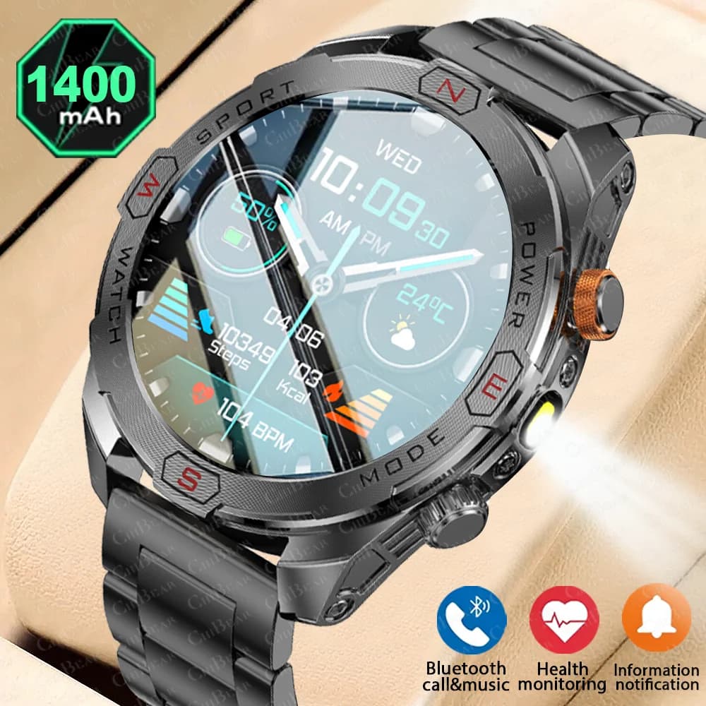 2026 New Rugged Power Smart Watch 1400mAh Battery Dual Light Flashlight Waterproof GPS Positioning Bluetooth Call Men Watch Men