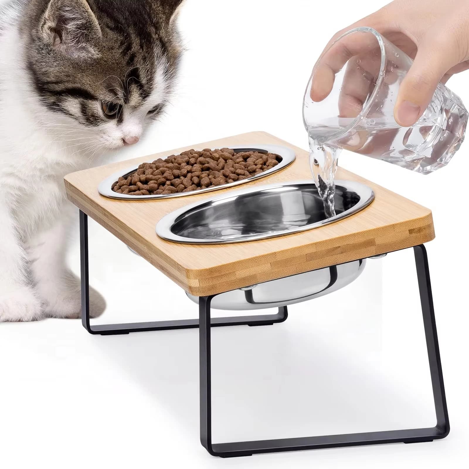 Ciotole per Gatti, Dispenser di Cibo per Animali Domestici 15 ° Ciotole Rialzate Inclinabili per Gatti con Supporto in Legno, 2 Ciotole Infrangibili in Acciaio Inossidabile per Gatti e Cuccioli