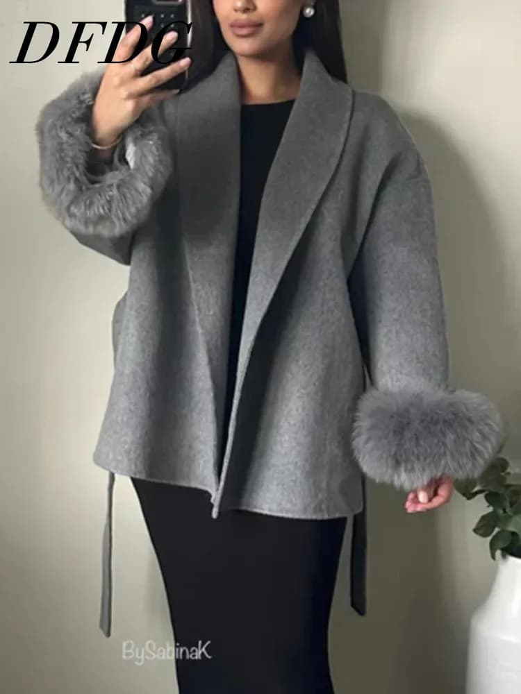 DFDG 2025 AW Women's Wool Coat with Belt Maillard Coat double face style robe Trench Coat elegant loose in pure color