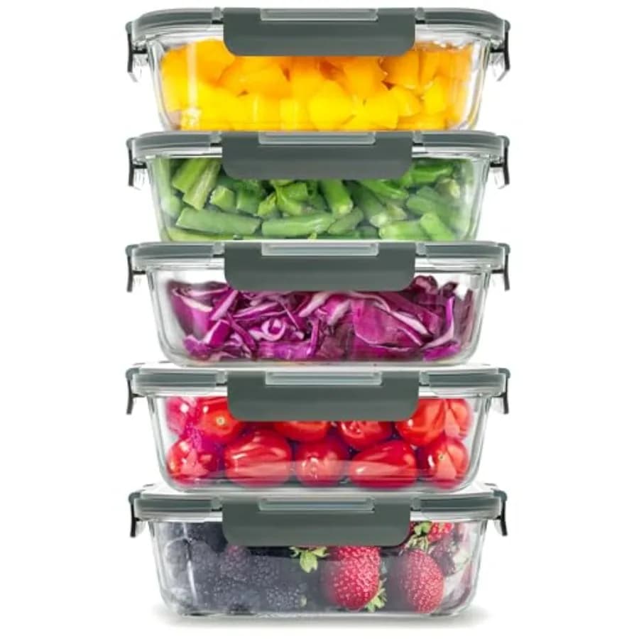 Pack of 5 containers for preparing glass meals with lids - Airtight containers for storing premium borosilicate glass foods - Microwave, Freezer