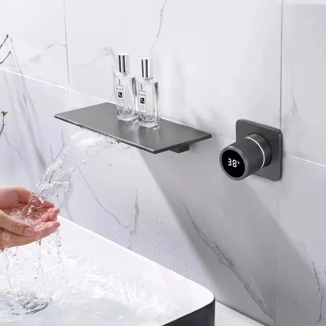 Retractable tap entirely in copper with warm/cold pre-regulation, digital ambient light, for wall washbasin for hotel projects