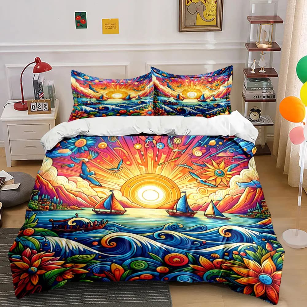 Set di biancheria da letto Sunset Ocean Sailing Decor con 1 copripiumino e 2 federe, singolo, matrimoniale, king, queen, regalo
