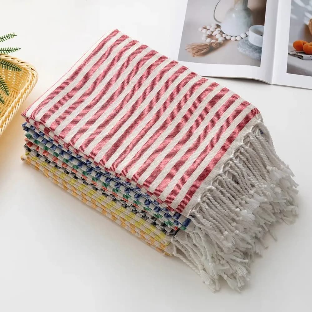Telo Mare Turco a Righe Assorbente in Poliestere-Cotone con Nappe, Asciugamano Sportivo Grande Morbido, Coperta da Viaggio Estiva
