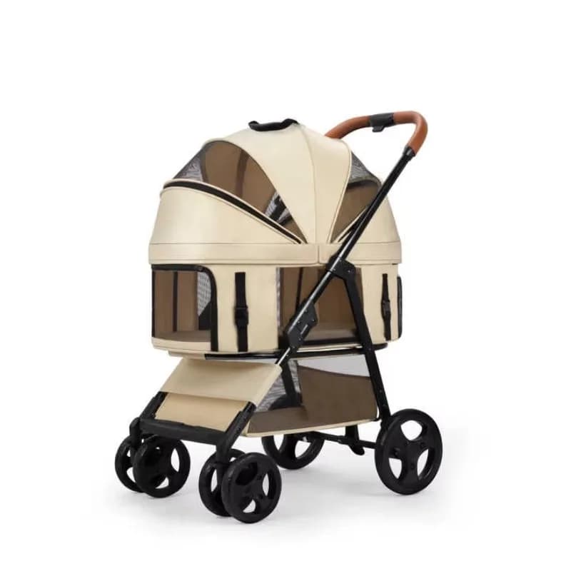 Wholesale Foldable Eco-friendly 4-Wheel Pet Stroller Dog Carrier Iron Linen Material Quick One-Hand Folded Design for Travel