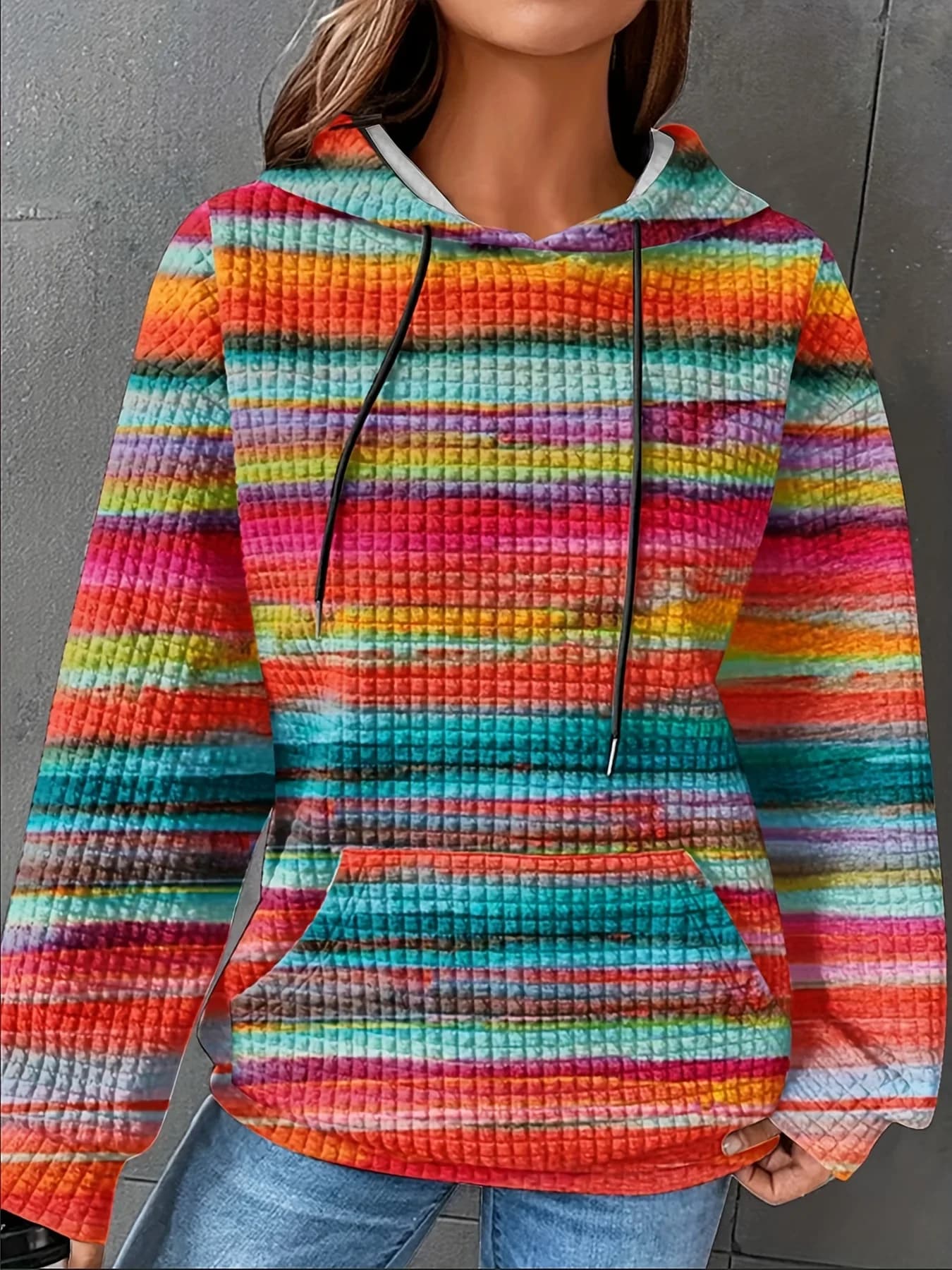 Felpa con cappuccio da donna con coulisse a righe waffle taglie forti Felpa con cappuccio casual con tasca a marsupio a maniche lunghe per abbigliamento autunnale e invernale