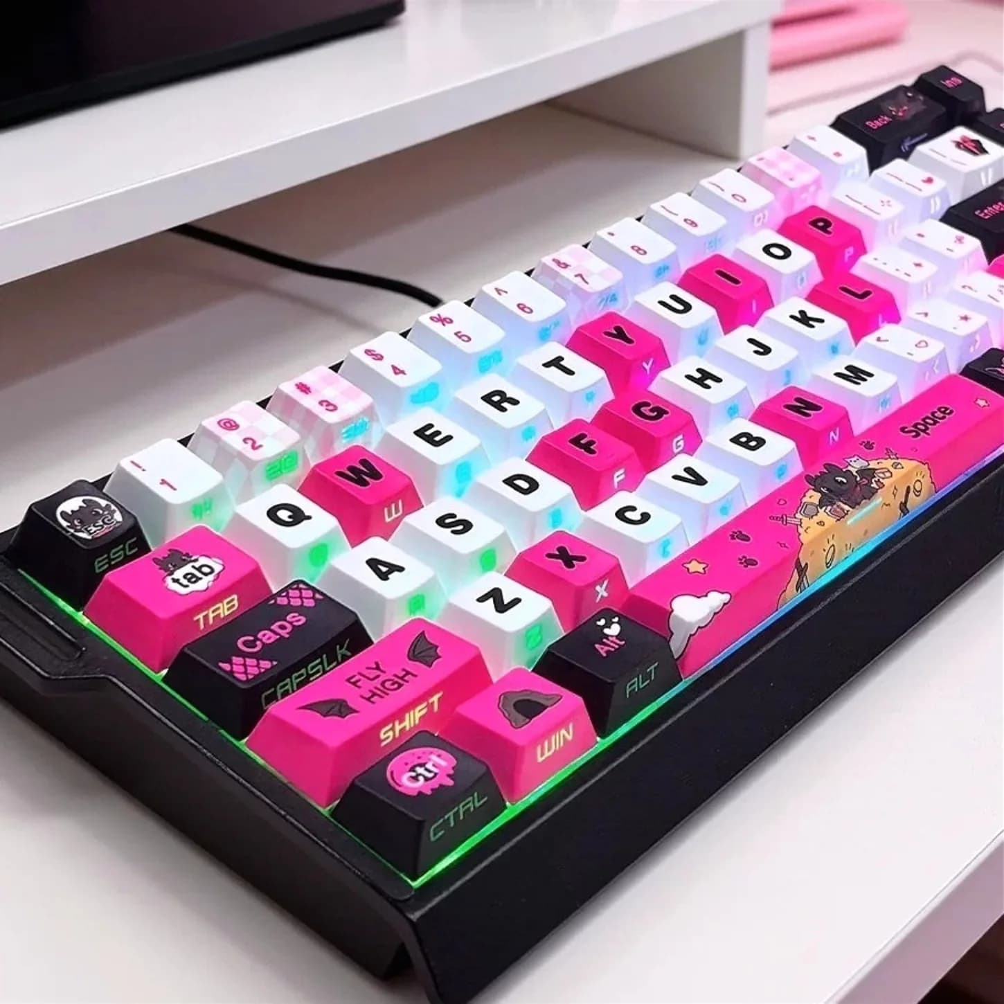 Set di Keycap MOA Carini Neri e Rosa con Stampa Laterale Retroilluminata in PBT 74/112/129 per Tastiera Meccanica con Switch Magnetici
