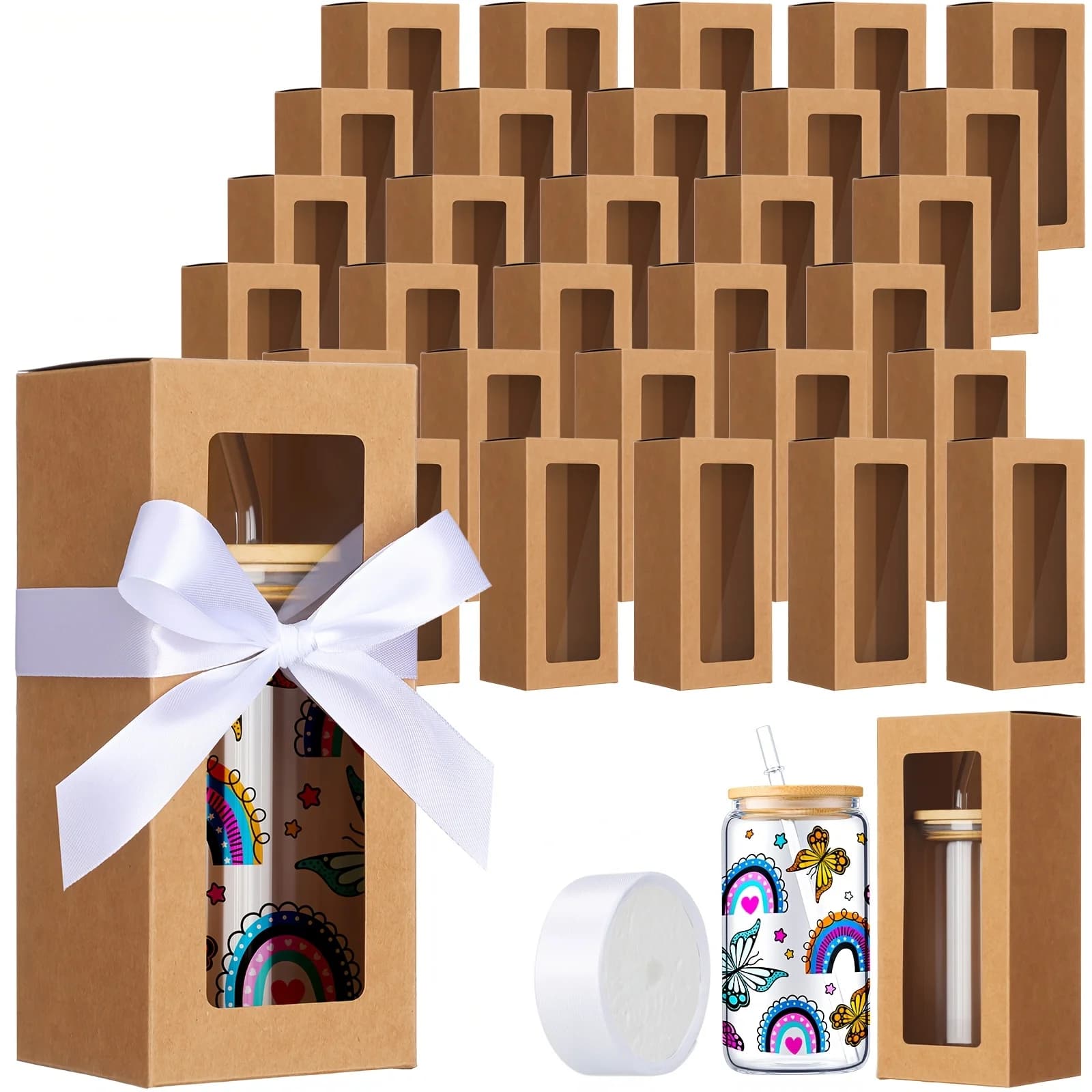 Regalo per Lei/Lui: 60 Scatole Regalo con Nastro per Sublimazione, Scatole Trasparenti per Bicchieri da 12oz, 16oz, 20oz, Barattoli in Vetro, Tumbler Vuoti per Sublimazione (Marrone) - Natale