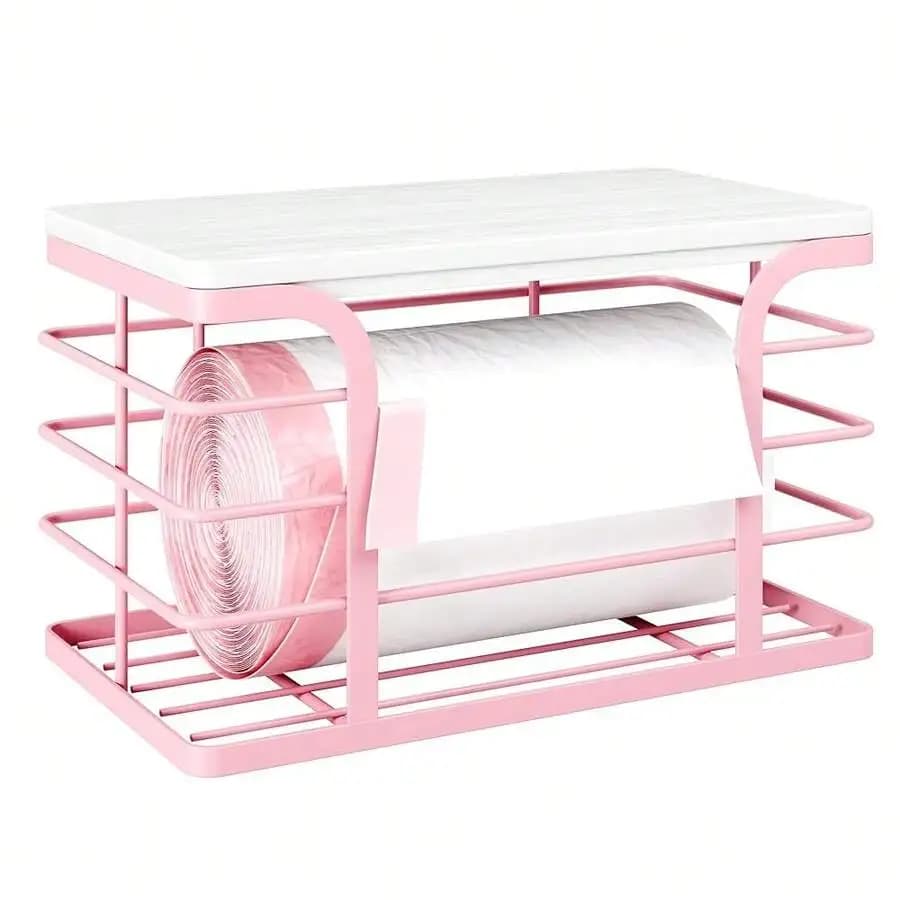 Dispenser per sacchi della spazzatura in metallo rosa con parte superiore bianca per l'organizzazione della cucina e della lavanderia