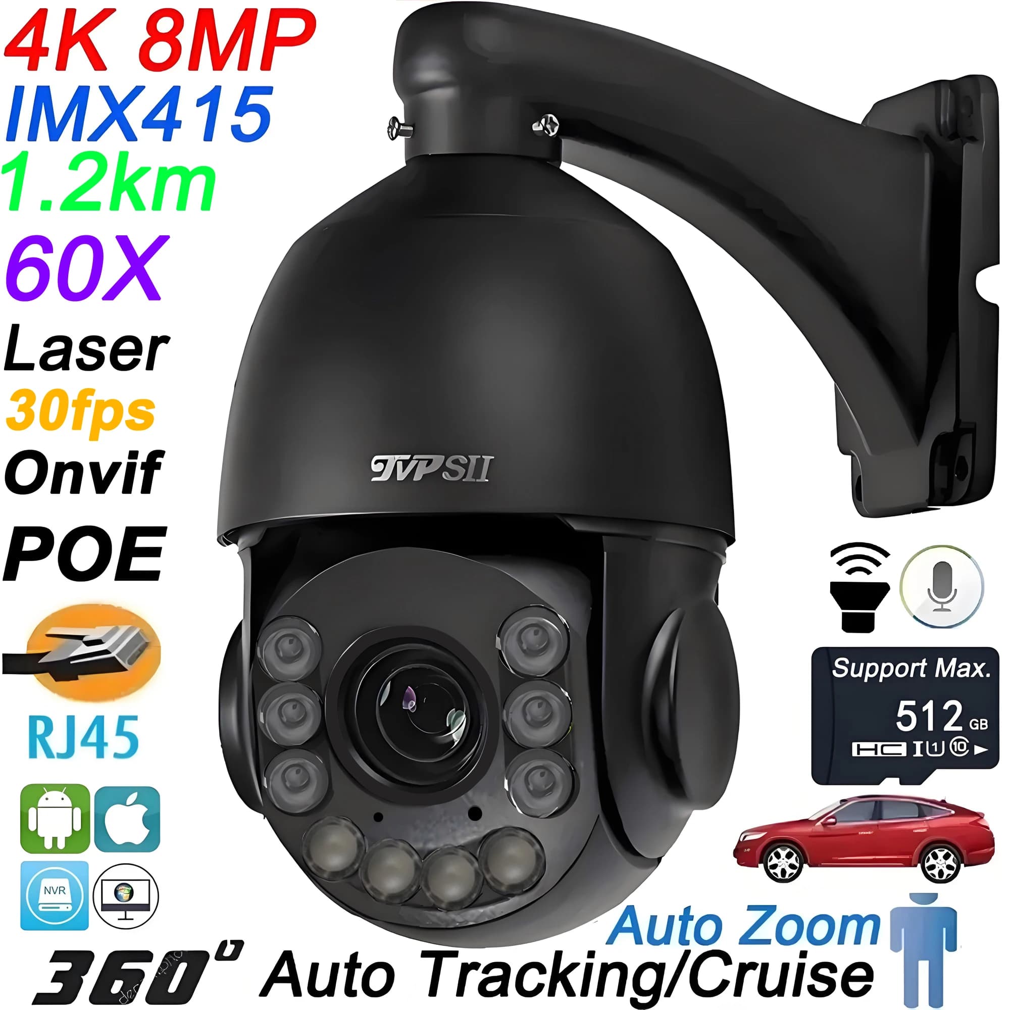 Laser Infrared Metal Auto Tracking Cruise 8M 4K 60X 90X Optical Zoom 360° Audio Onvif POE PTZ Speed Dome Surveillance IP Camera