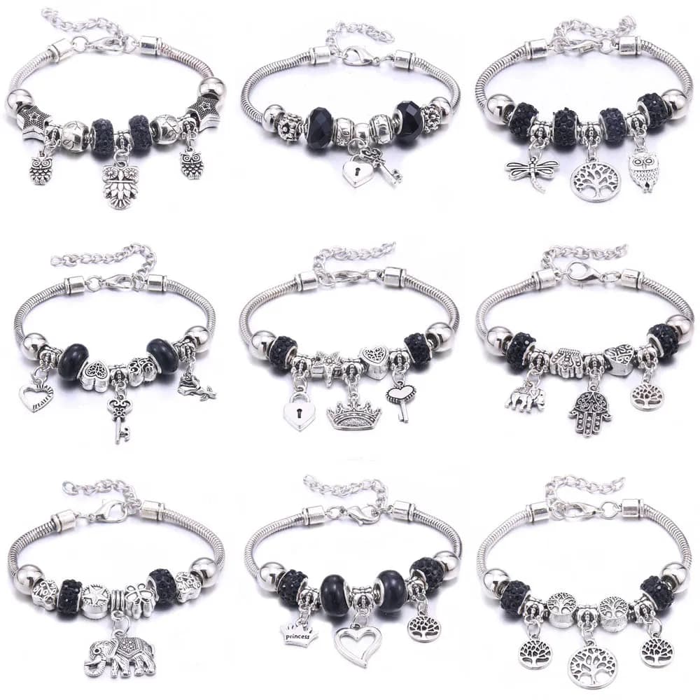 Ciondolo a forma di corona con ciondolo nero, braccialetto con perline, fibbia a moschettone, catena a serpente regolabile, serratura a chiave a forma di cuore, braccialetto con strass, regalo di gioielli