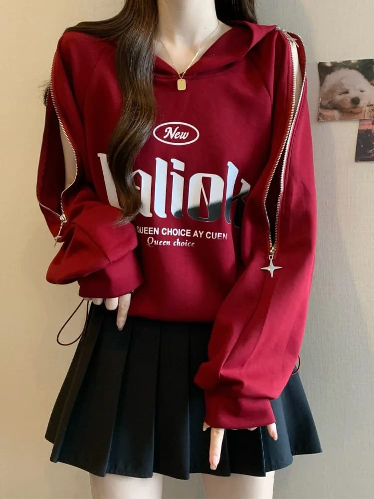 Zipper oulder Hoodie Women's Spring Faion plus Size Fat MM Belly Cover High-End Red Top Ladies Casual Comfortable Sweatirt
