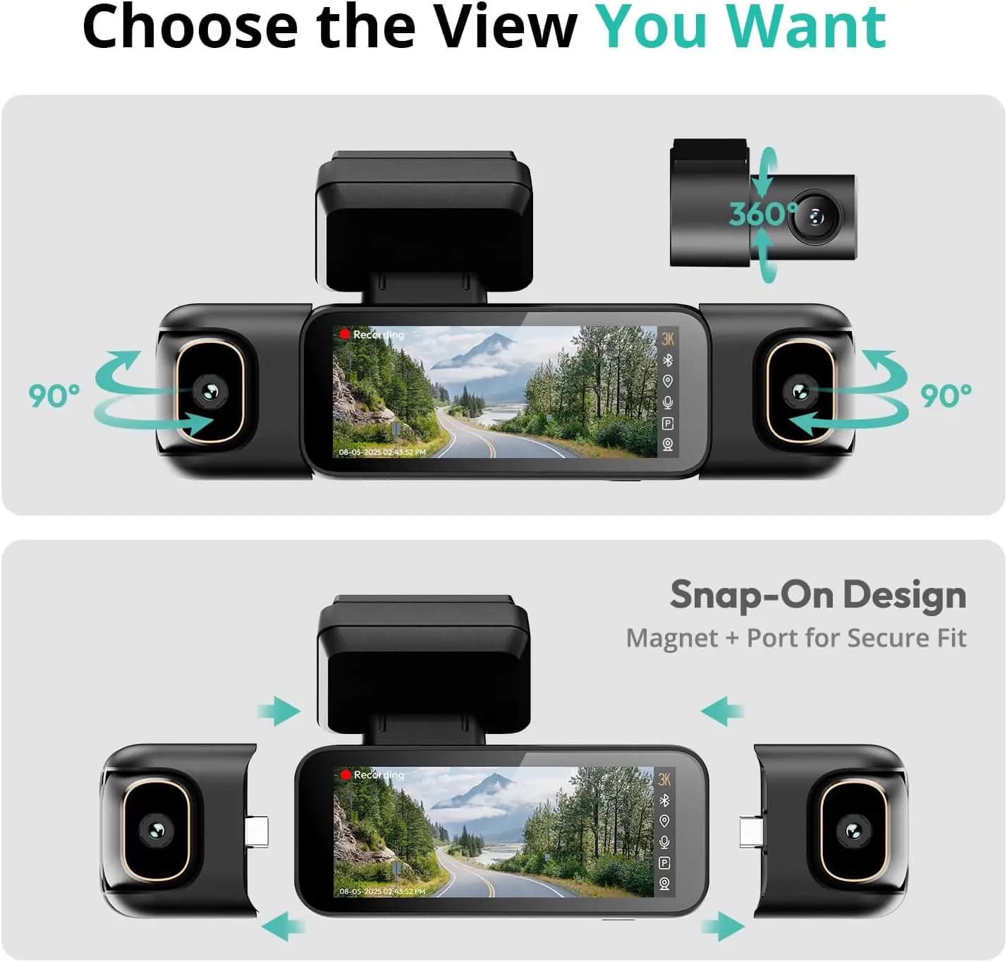 Botslab 3K Dash Cam a 4 Canali 560 ° Telecamera per Auto Anteriore Posteriore Interna con GPS WiFi Visione Notturna Controllo Vocale Scheda da 128GB Gratuita