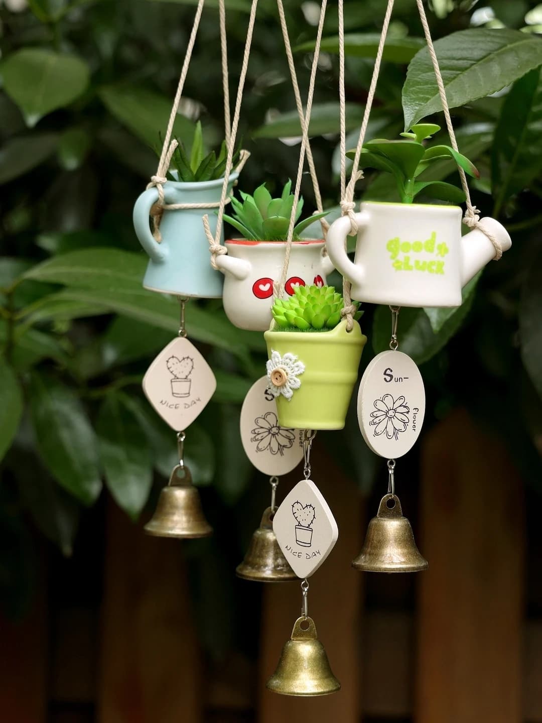 Japanese Style Creative Small Potted Plant Wind Chimes Wood Plaque Decorative Hanging Ornament for Entrance Homestay De...