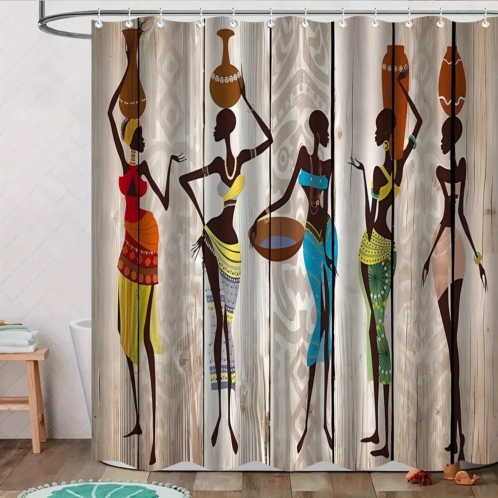 Tenda da doccia in stile africano con venature del legno, lavabile in lavatrice, elegante divisorio per bagno, tende da bagno con ganci, decorazione per la casa