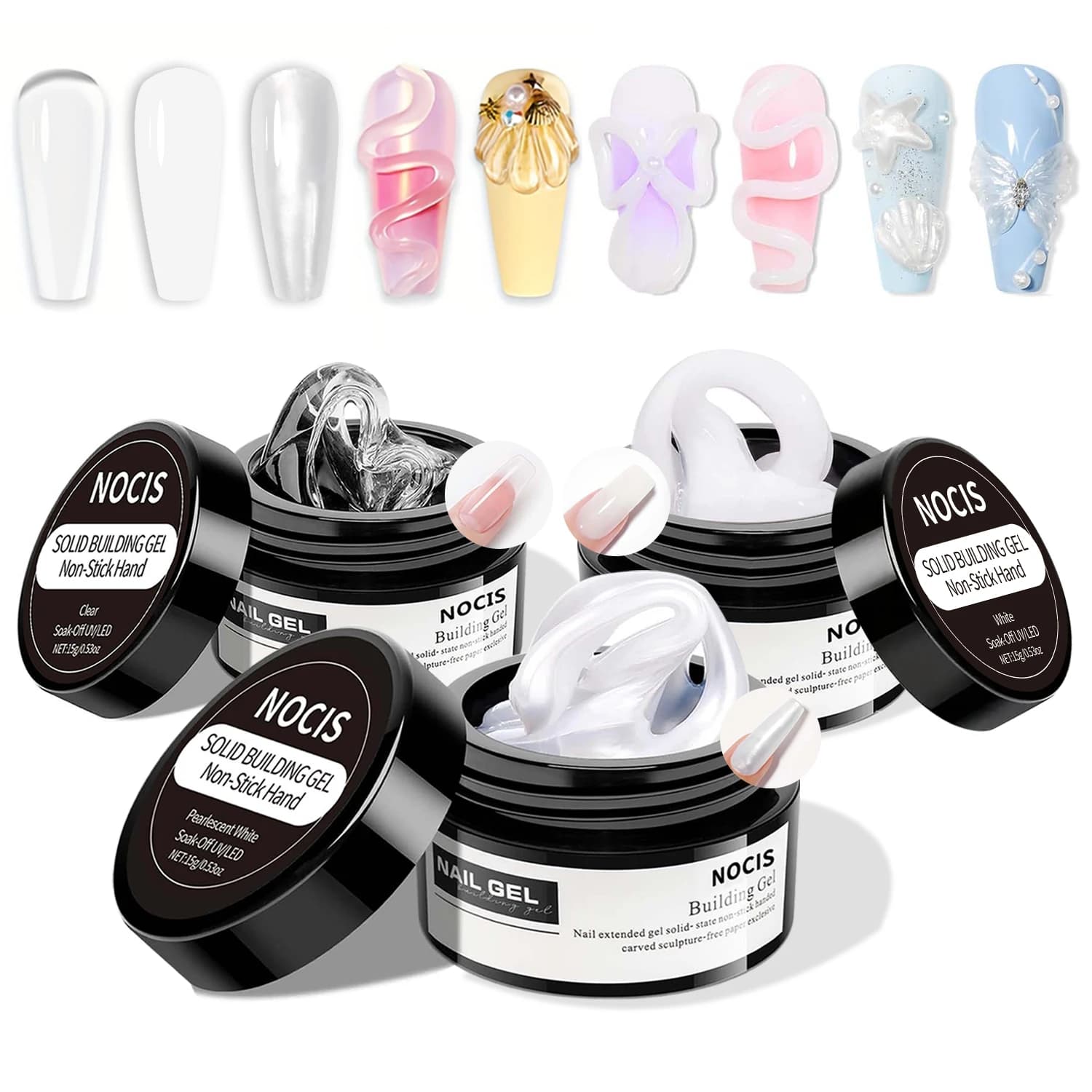 NOCIS Kit Gel Solido 15g per Nail Art Fai-da-te - Gel per Estensione 4-in-1, Stampi in Silicone, Pennello per Scultura e Colla UV