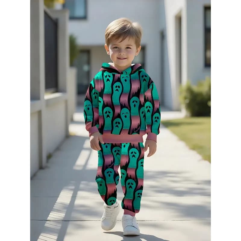 Boys Hoodie Jogger Set Gradient Ghost Allover Print Colorful Monster Graffiti Pumpkin Skeleton Web Kids Casual 2-piece Tracksuit