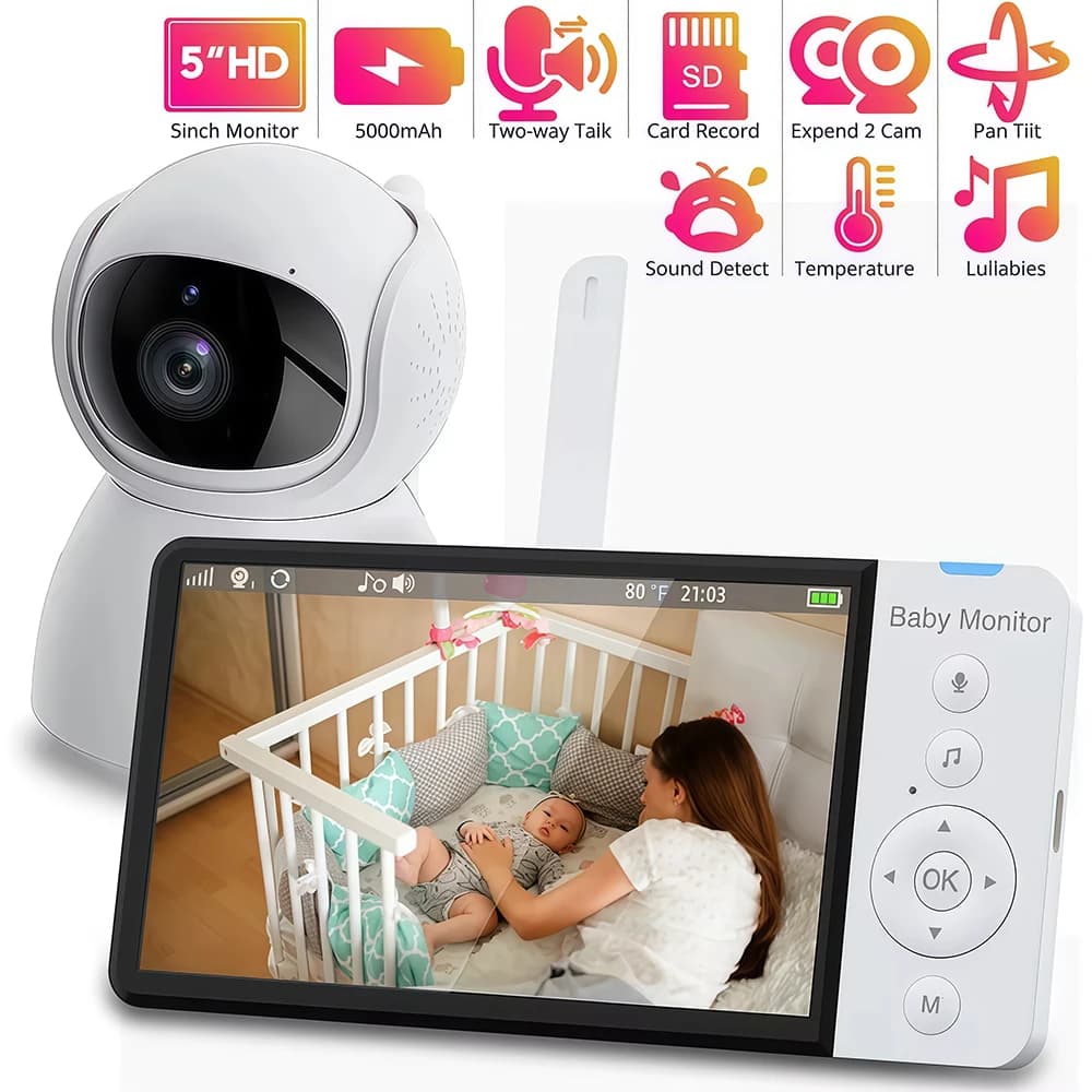 Baby monitor video con telecamera Pan-Tilt-Zoom da 5'' con schermo IPS con batteria da 5000 mAh Conversazione bidirezionale Visione notturna Temperatura Ninne nanne