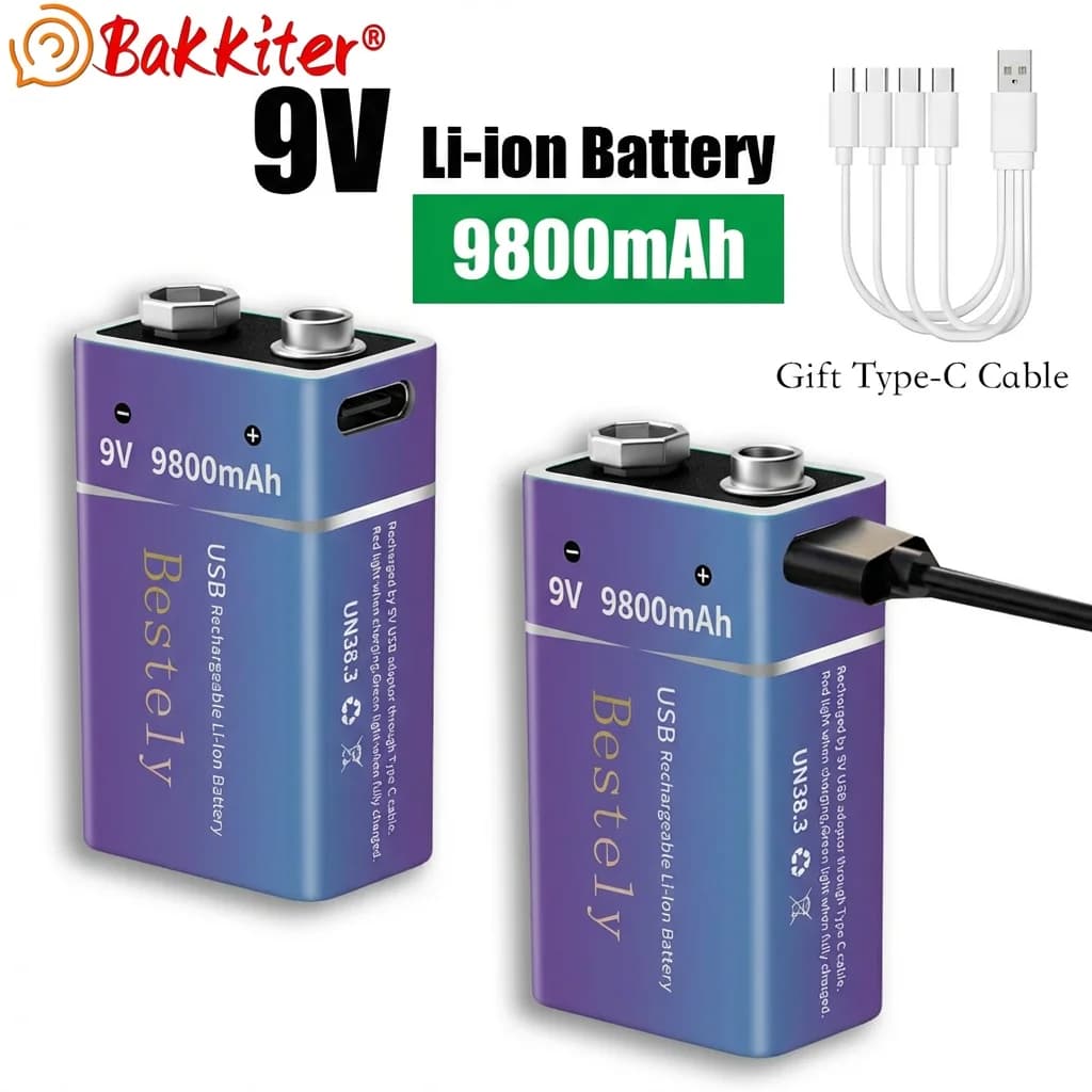 Nuova batteria ricaricabile agli ioni di litio da 9 V 9800 mAh/batterie agli ioni di litio da 9 V a lunga durata con cavo per allarme microfono rilevatore di fumo