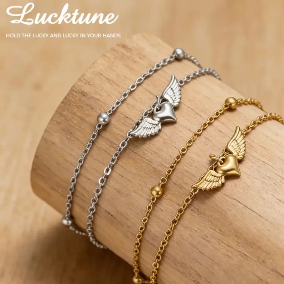 Lucktune Love Heart Wing Bracciale con ciondoli Bracciale a mano da donna in acciaio inossidabile con doppia catena color oro da donna, regalo per feste
