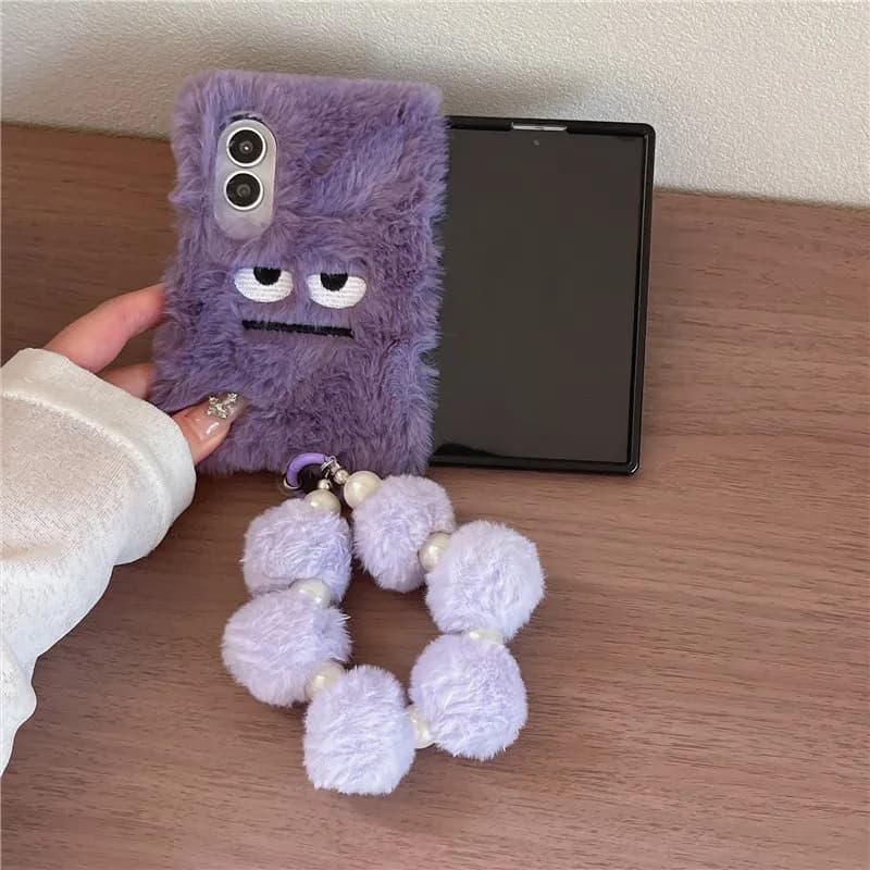 Cartoon Angry Face Expression Fluffy Fur Phone Cases For Samsung Z Fold 8 Ultra Fold7 Fold6 Fold5 Fold4 With Hair Ball Bracelet