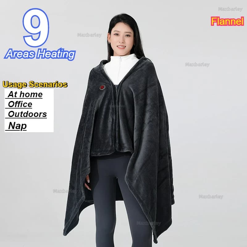Scialle riscaldato elettrico Coperta Cappotto Donna Ricarica USB 9 aree Riscaldamento Ufficio Caldo Riscaldamento domestico Mantello Trench Giacca in pile da uomo