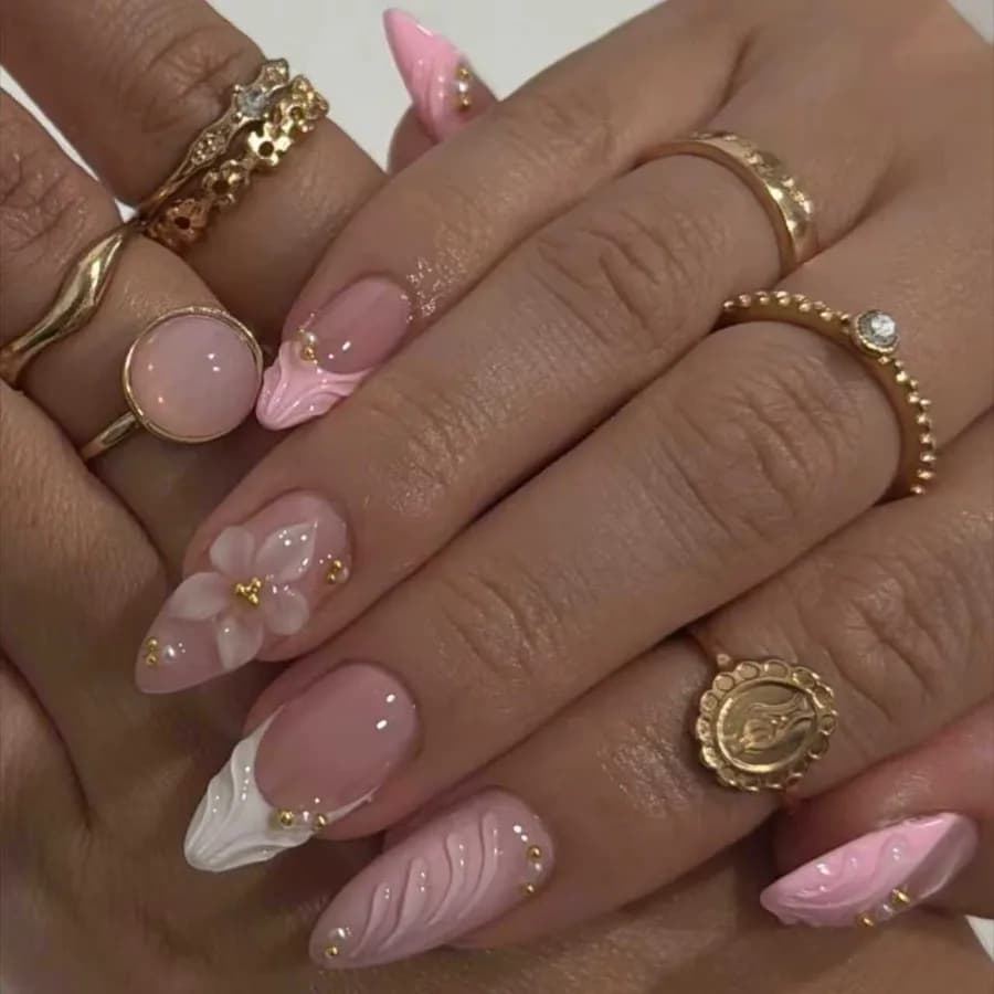 Unghie finte rosa con incisione francese, effetto 3D, fiore 3D, perline dorate, a mandorla, molto vendute