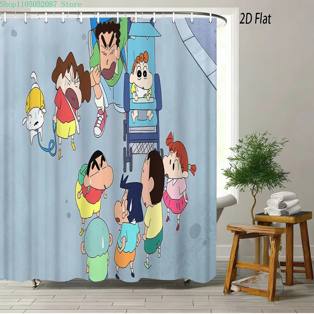 Tenda da doccia impermeabile con stampa 2D di Crayon Shin-chan Family & Friends, decorazione per il bagno azzurro chiaro con ganci