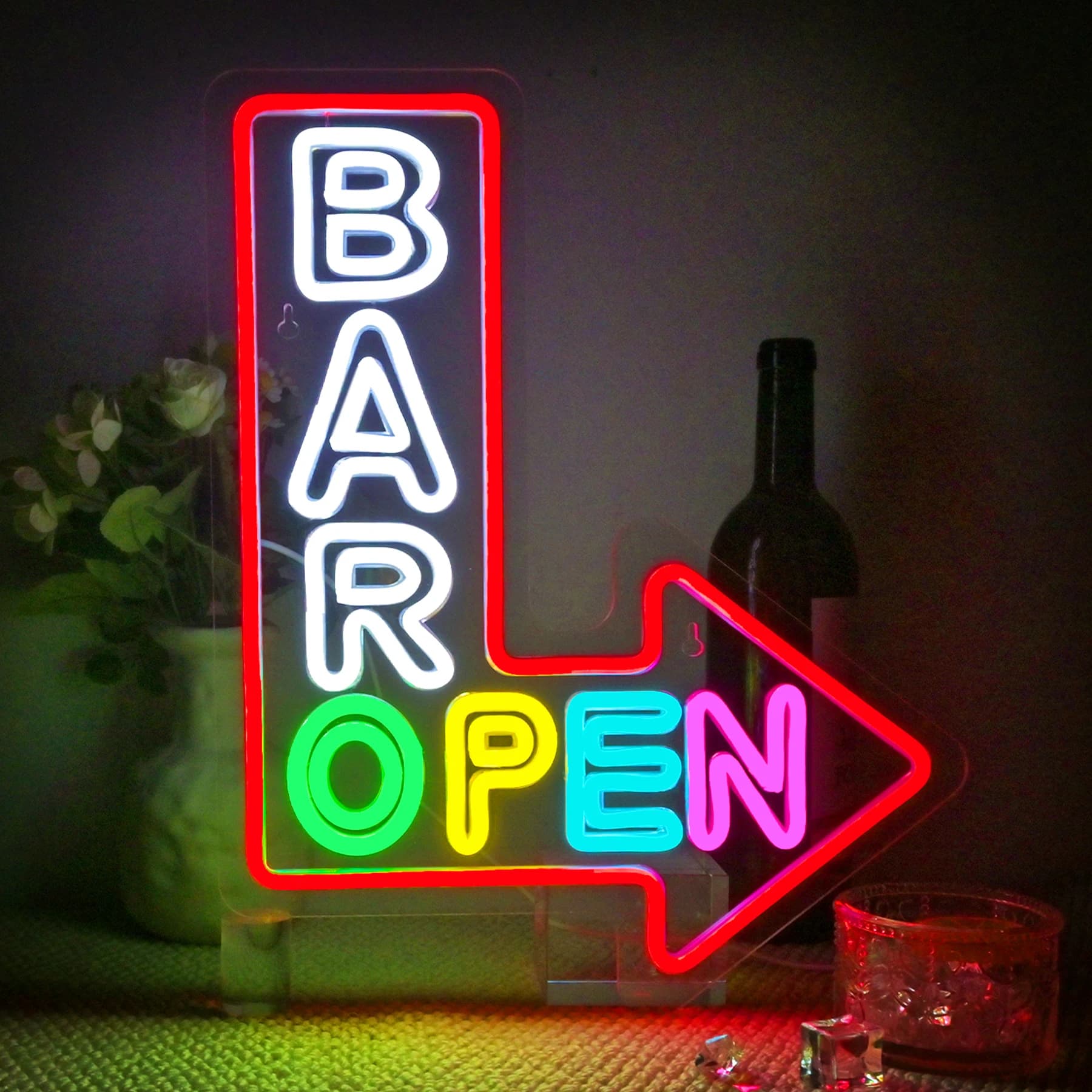 Bar Freccia aperta Insegna al neon Colore misto Luce al neon a led Decorazione da appendere a parete per negozio Bar Caffetteria Libreria per feste Supermercato PALESTRA