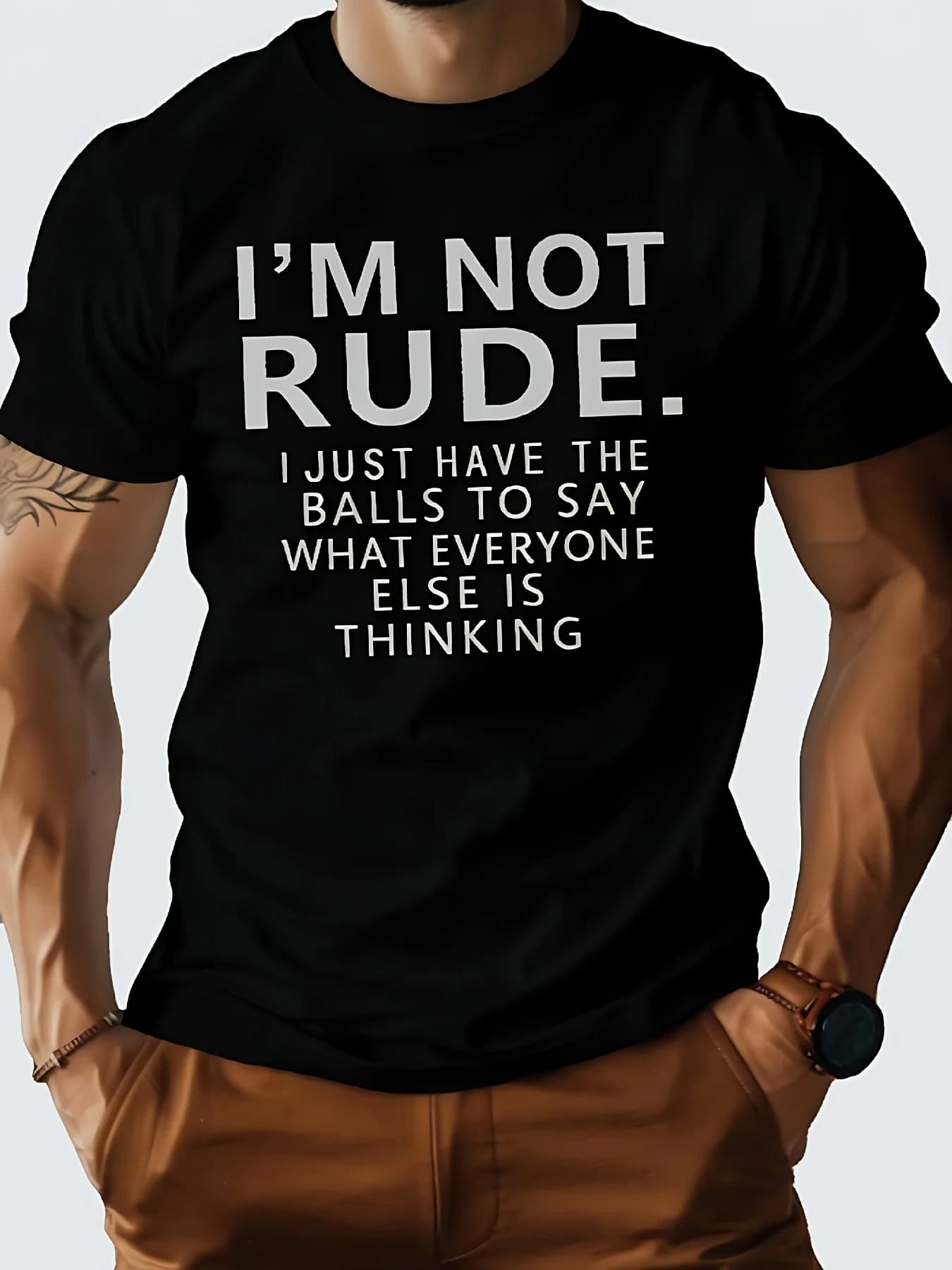 T-shirt da uomo solida da 180 g con scritta "I'm Not Rude" | Collo rotondo casual, tessuto elasticizzato, motivo stampato, adatto a tutte le stagioni